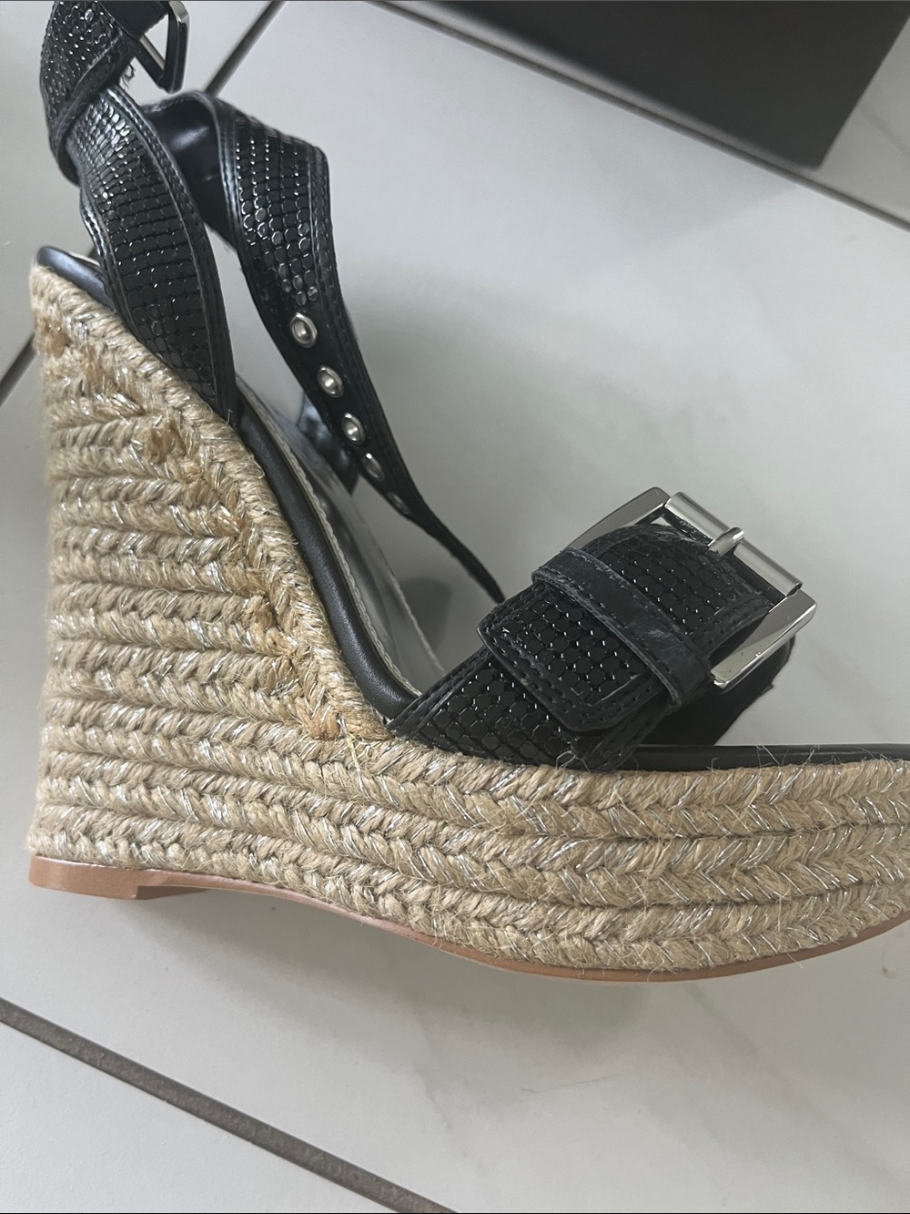 bebe Black Textured Espadrille Wedge Sandals with Buckle Straps - Picture 5 of 6
